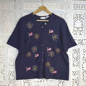 Vtg Croft & Barrow Blue Button Up Short‎ Sleeve Cardigan USA Americana Flag